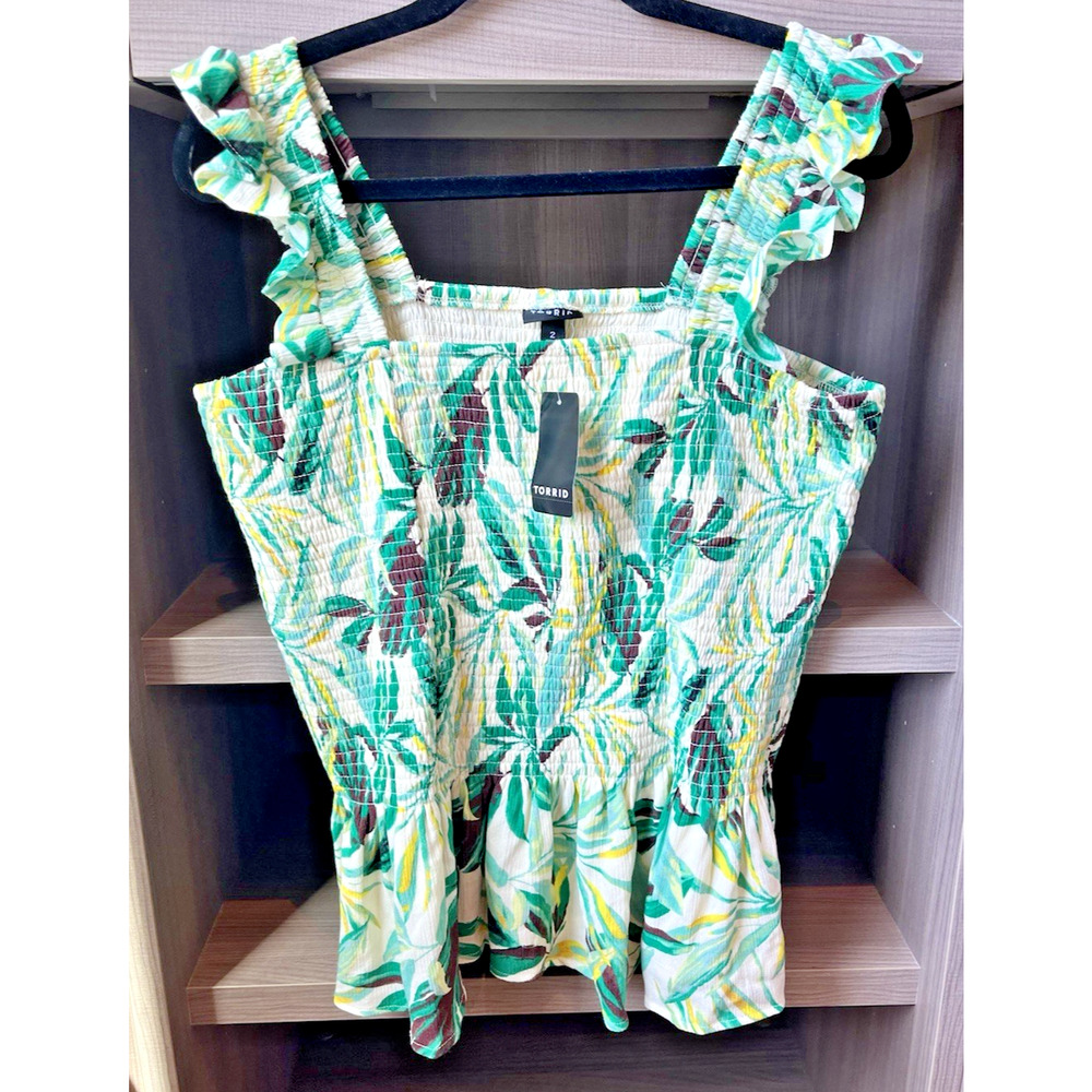 Torrid Womens SZ 2X Teal Smocked Top NEW Ruffle Peplum Tank Boho Tropical Floral